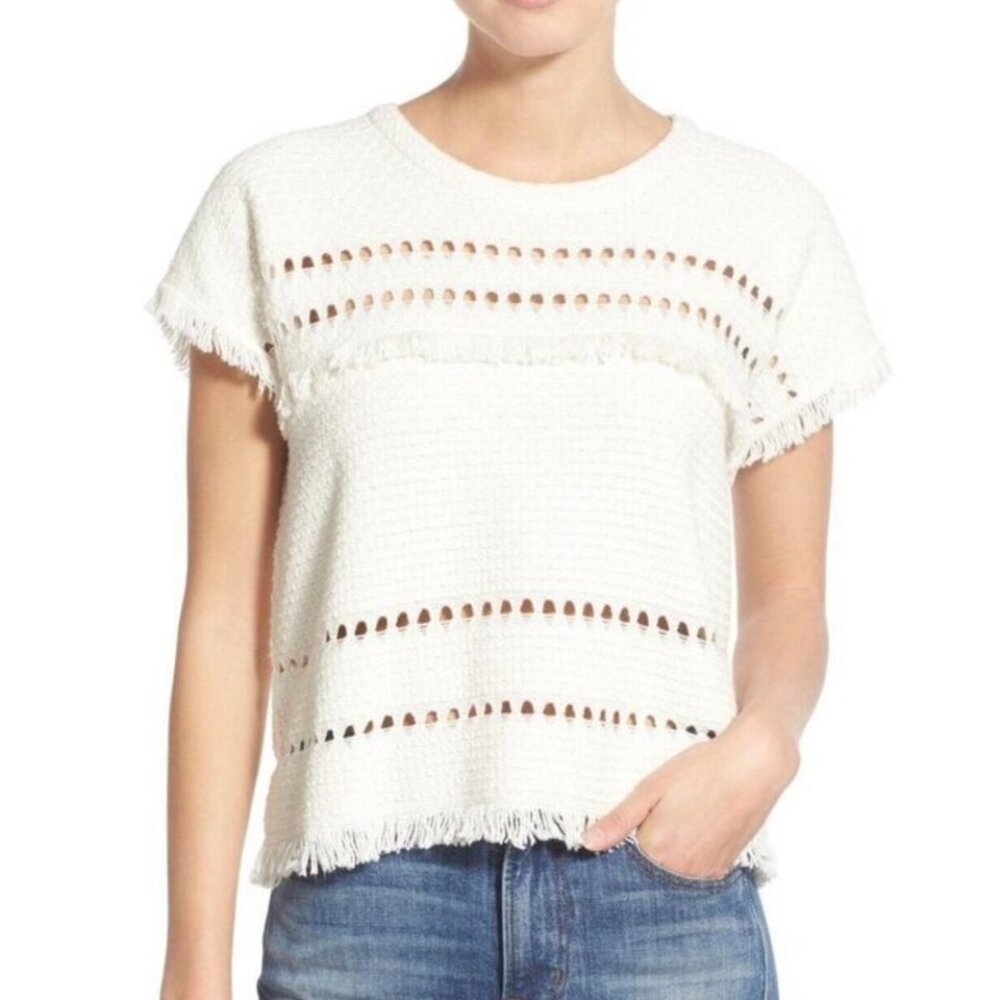 Madewell Boho White Cream Sweater Short Sleeve Knit Fringe Women Size M